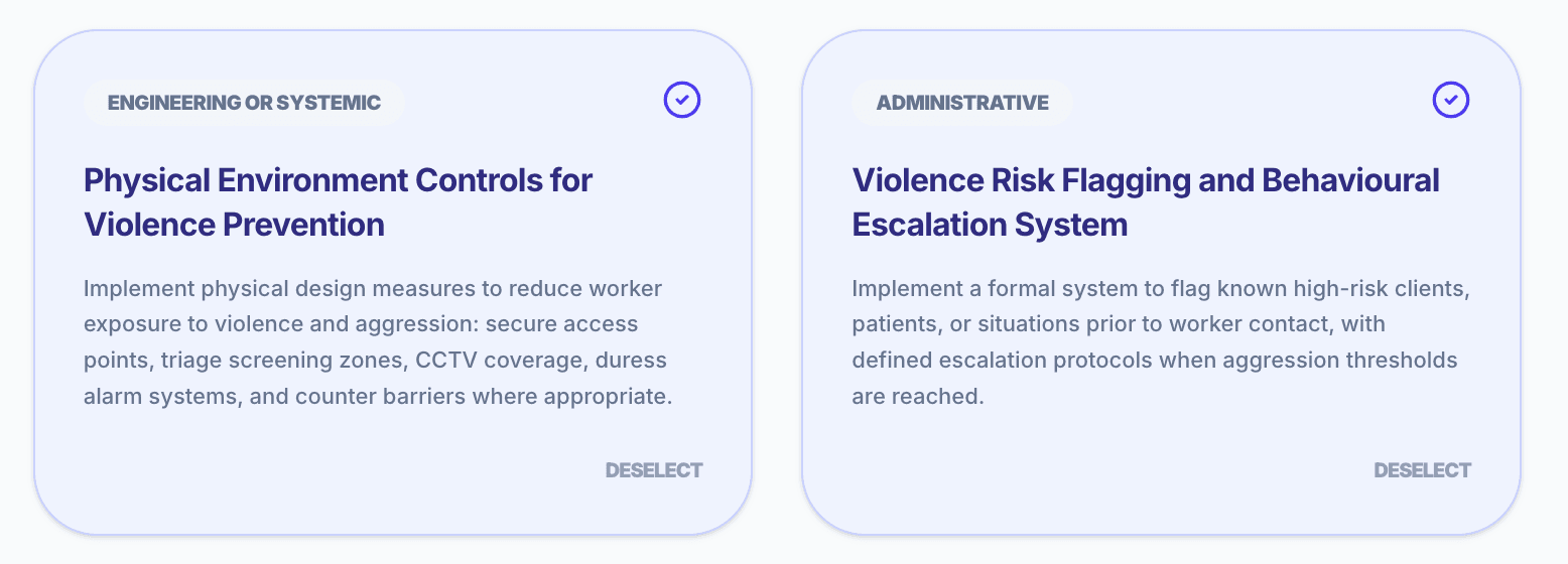 Two PsychProof control cards for violence prevention in aged care: an engineering or systemic control (physical environment measures) and an administrative control (violence risk flagging and behavioural escalation system).