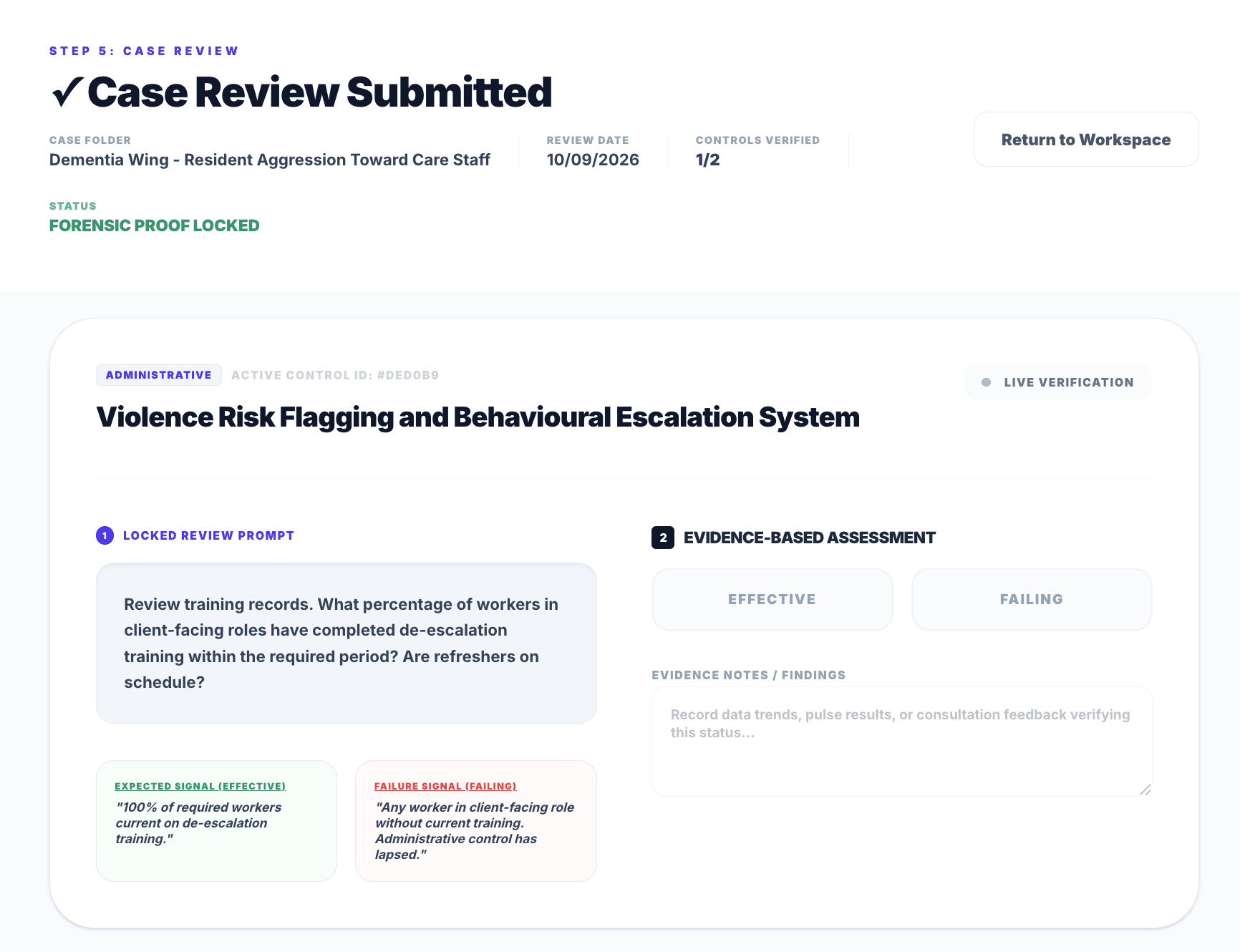PsychProof case review screen verifying a violence risk flagging control against an expected effectiveness signal and a failure signal, with a forensic proof locked status.