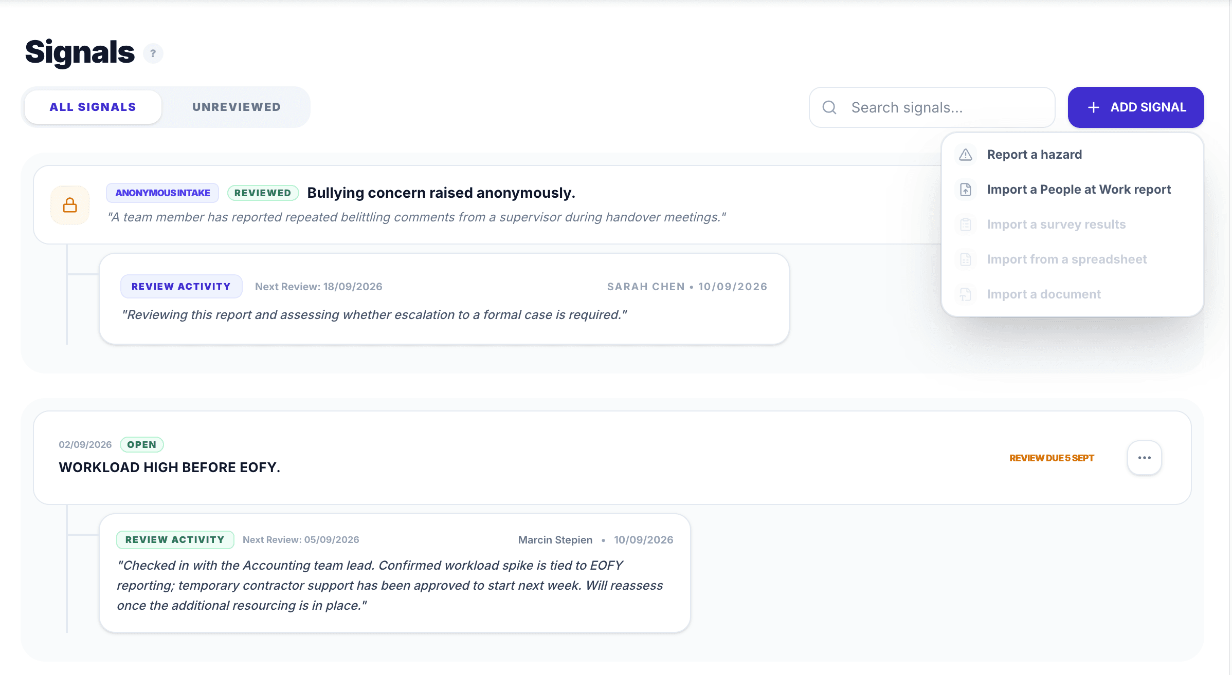 PsychProof Signals screen showing an anonymous intake report and a hazard entry side by side, each with its own review activity log and reviewer.