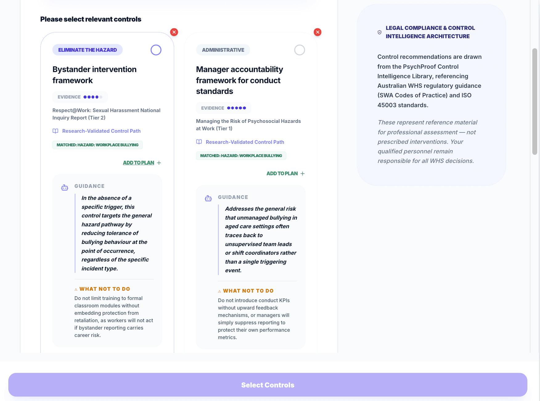 Two suggested controls, Eliminate the hazard and Administrative, each showing evidence strength, a research-validated control path, and guidance on what not to do