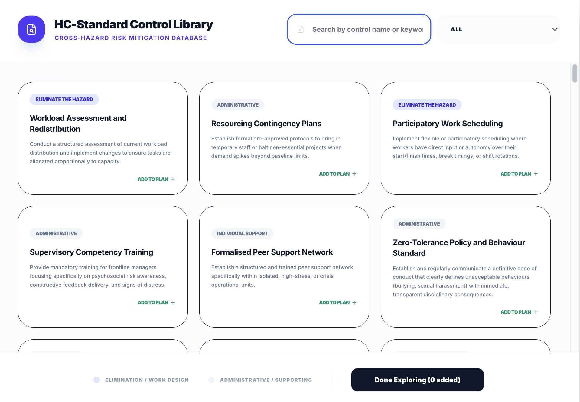 The control library: a searchable, filterable set of controls tagged by hierarchy tier, across every hazard