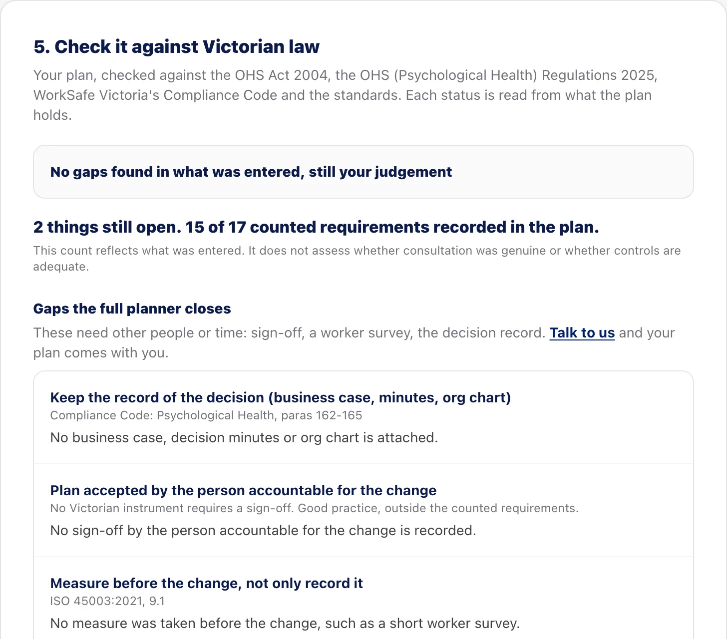 The check against Victorian law: no gaps found in what was entered, 2 things still open, 15 of 17 counted requirements recorded in the plan, with the gaps the full planner closes