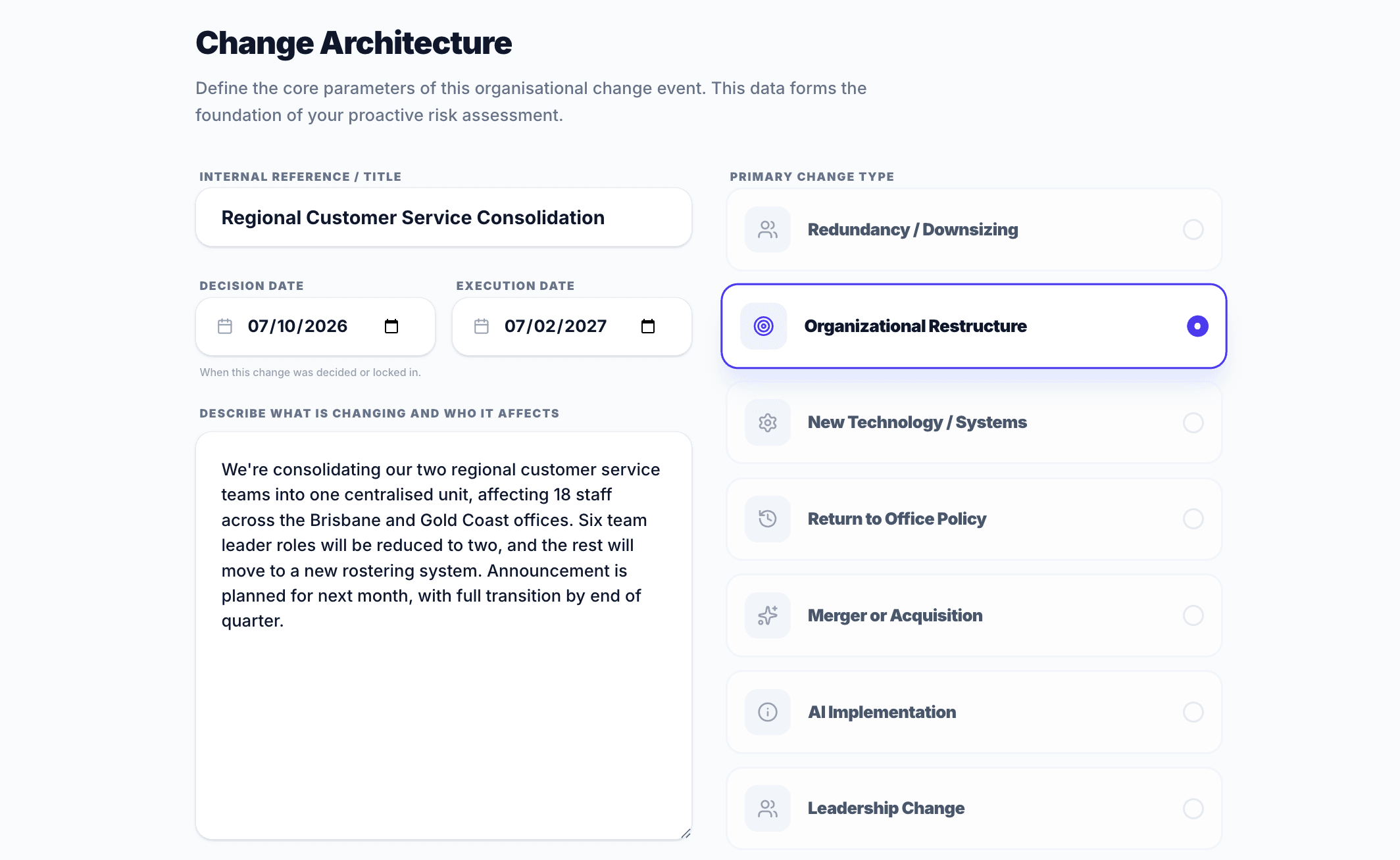 Change Architecture form: describing a change, its type, and who it affects before it lands