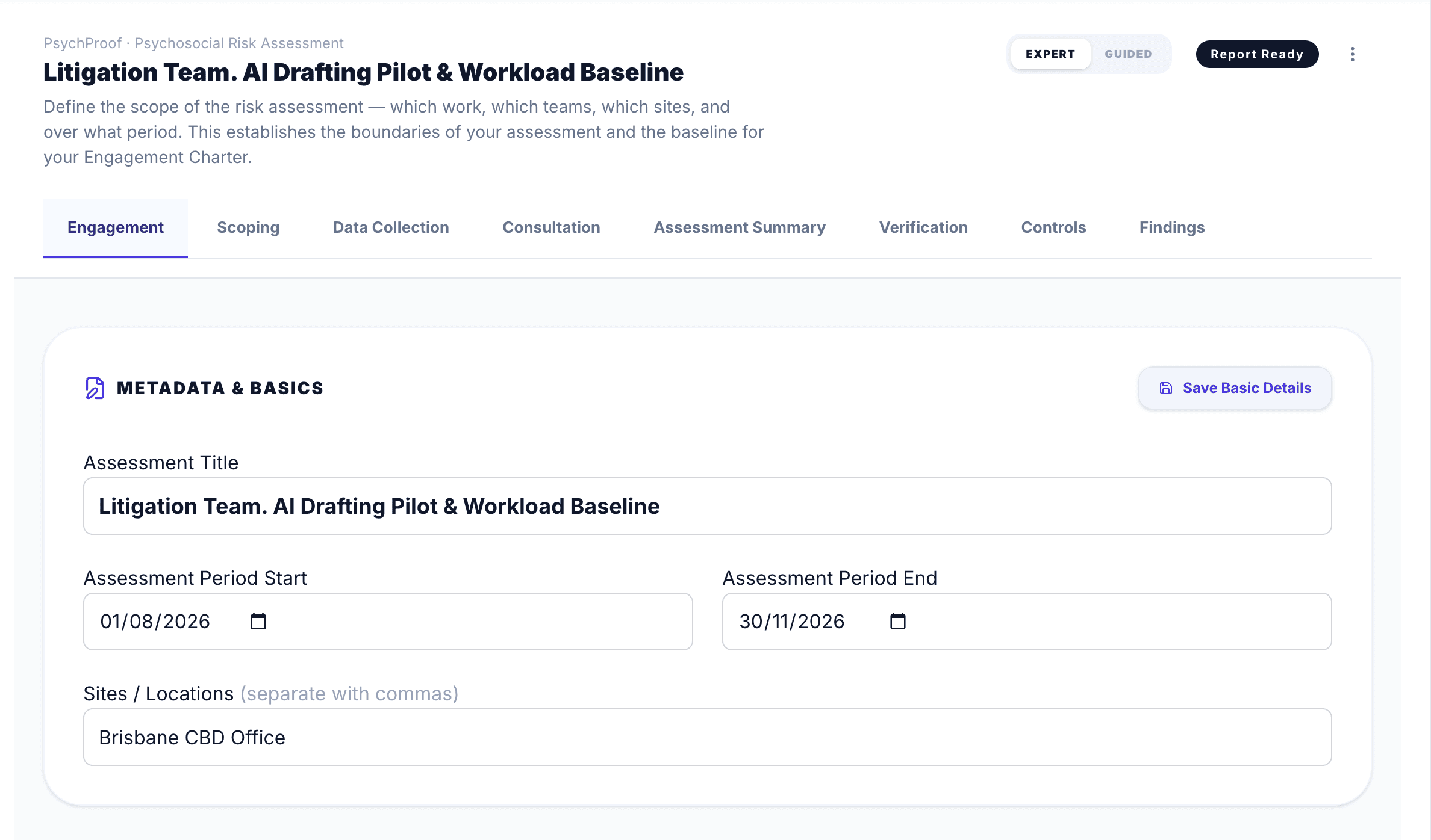 PsychProof risk assessment workspace showing the eight-stage process (Engagement, Scoping, Data Collection, Consultation, Assessment Summary, Verification, Controls, Findings) with an Expert/Guided mode toggle.