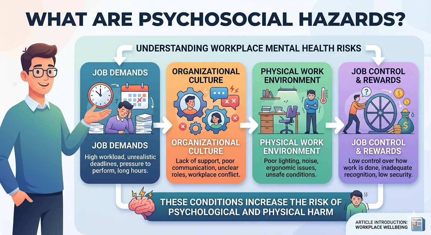 What are psychosocial hazards — illustrative grouping of workplace conditions across job demands, organisational culture, physical work environment, and job control and rewards